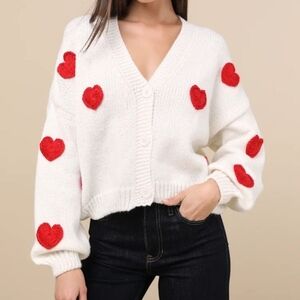 NWT Lulu's White Cardigan with Red Heart Accents - Size L/XL ❤️❤️